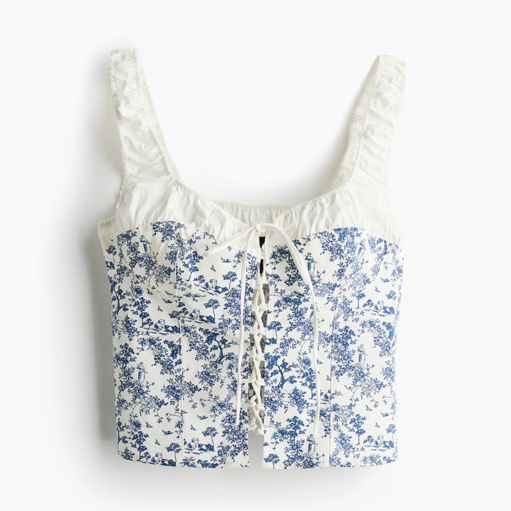 H&M LACING-DETAIL COTTON BUSTIER TOP Floral Lace-Up Blue and White Women's Top